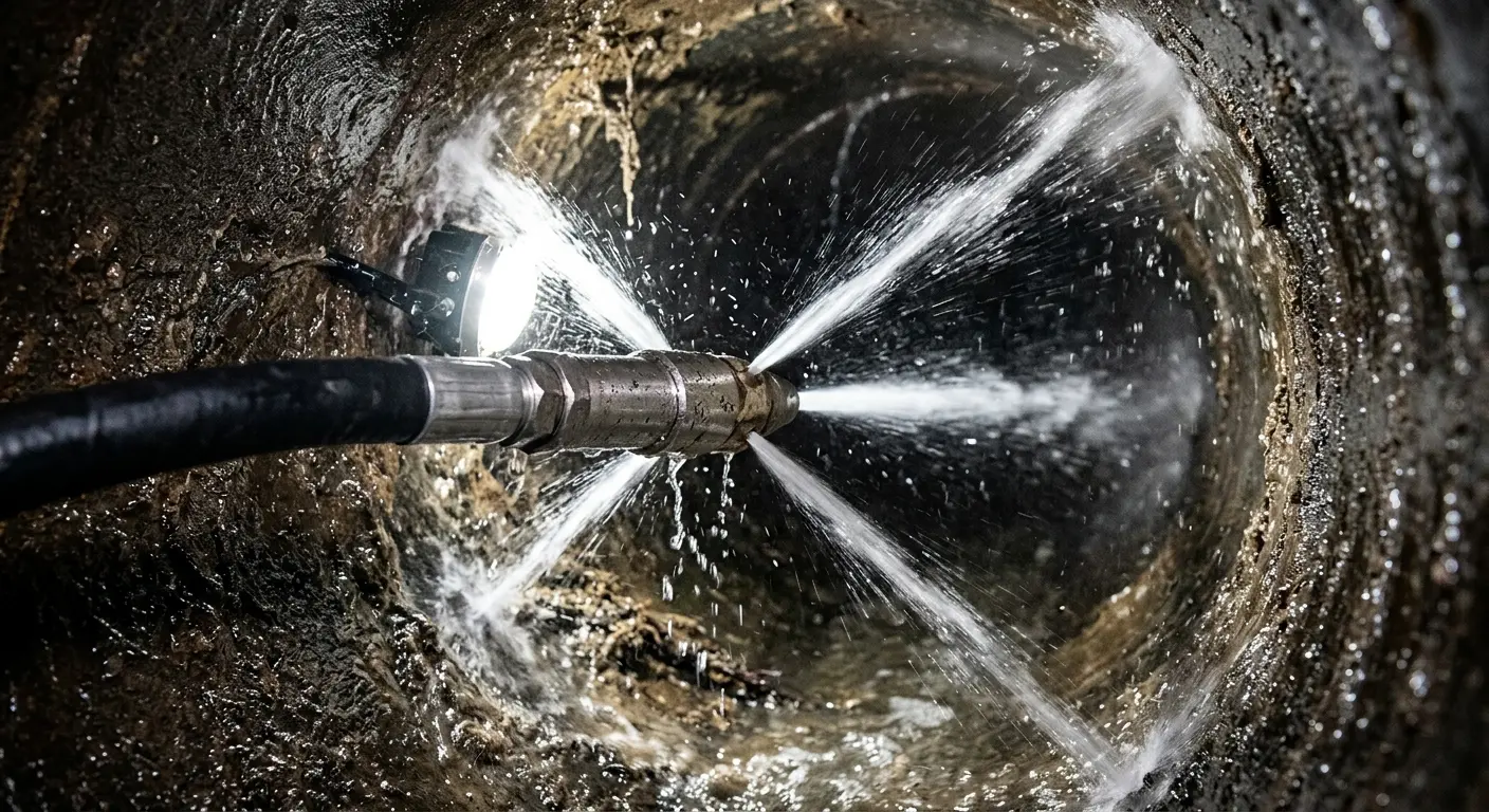 High-pressure hydro jetting nozzle cleaning sewer pipe for Emergency Drain Service in Grayslake