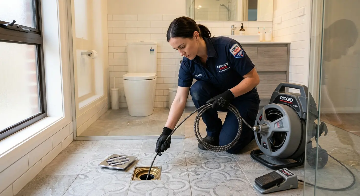 Technician clearing a bathroom floor drain for Sewer Line Installation in Grayslake